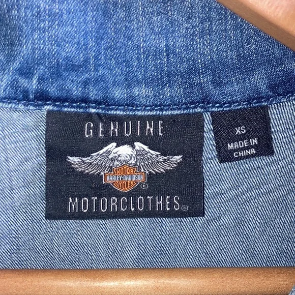 Harley Davidson Denim Vest Metal Stud American Flag No Sleeve Fringes XS - Picture 3 of 7